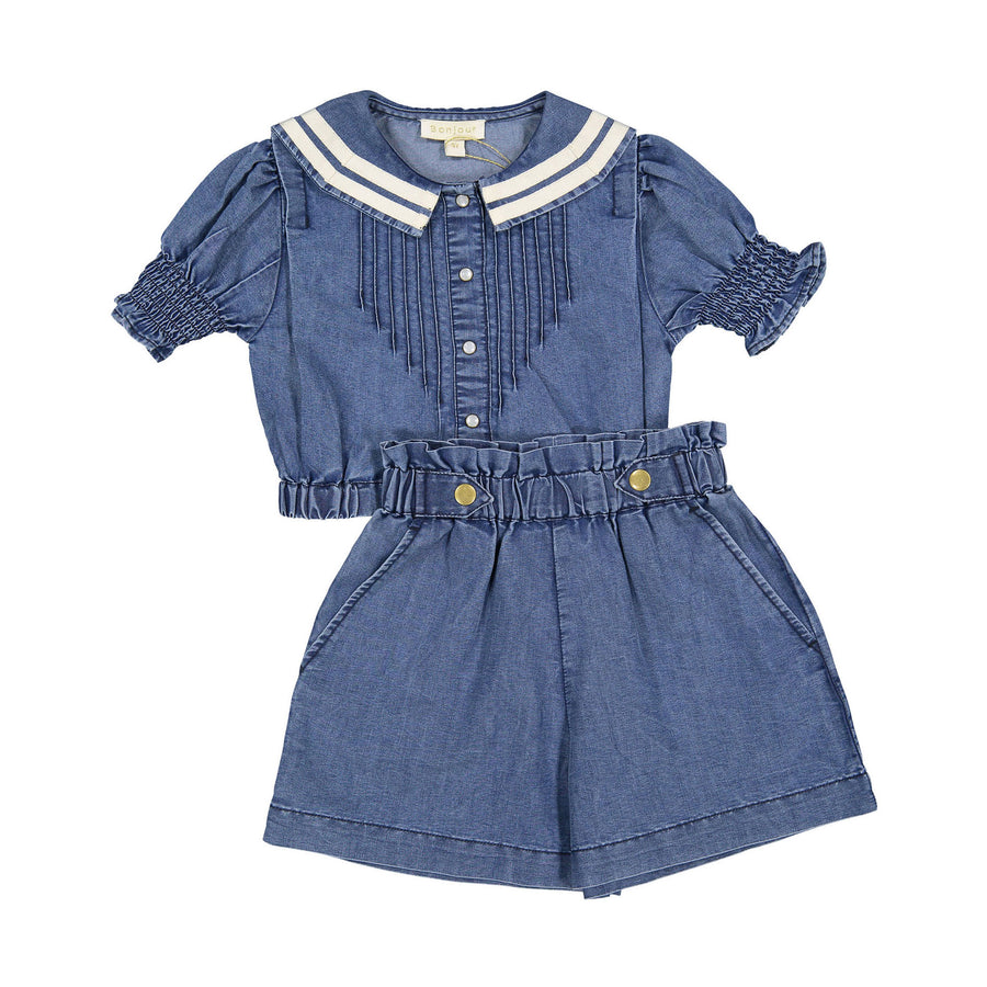 Bonjour Denim Crop Shirt And Skirt Set