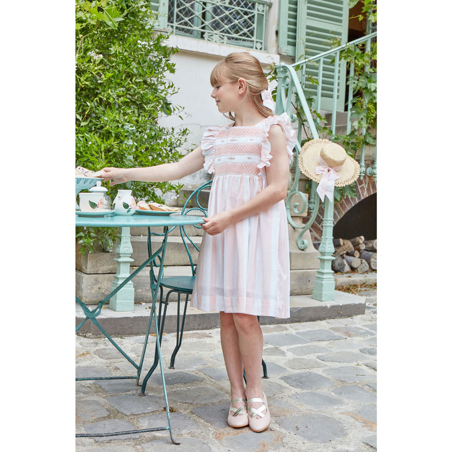 Kidiwi Nude Pink/ Lurex Stripes Lea Smocked Dress