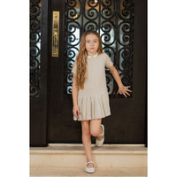 Coco Blanc Sand Linen Drop Pleated Short Sleeve Dress