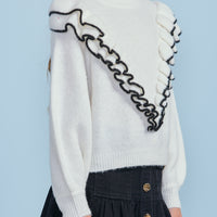 Petite Pink Cream/Black Tipped Ruffle Cosy Sweater