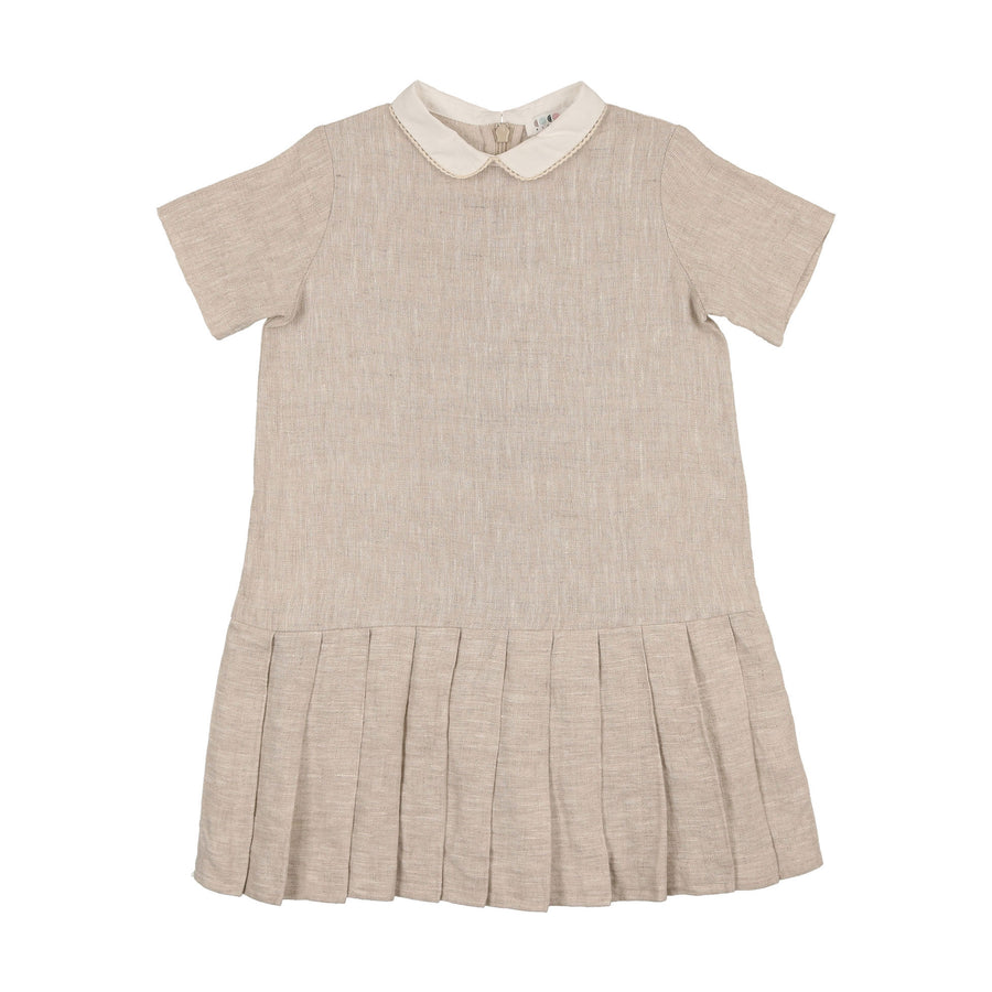 Coco Blanc Sand Linen Drop Pleated Short Sleeve Dress