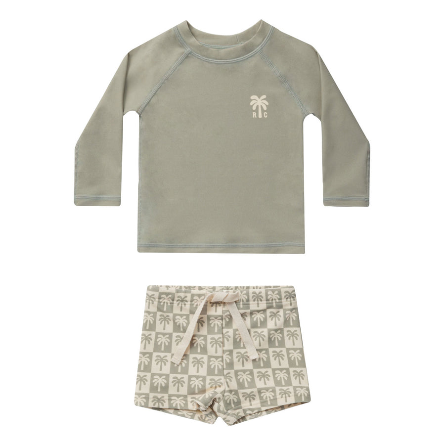 Rylee and Cru Sage Rash Guard Boy Set - Palm Check