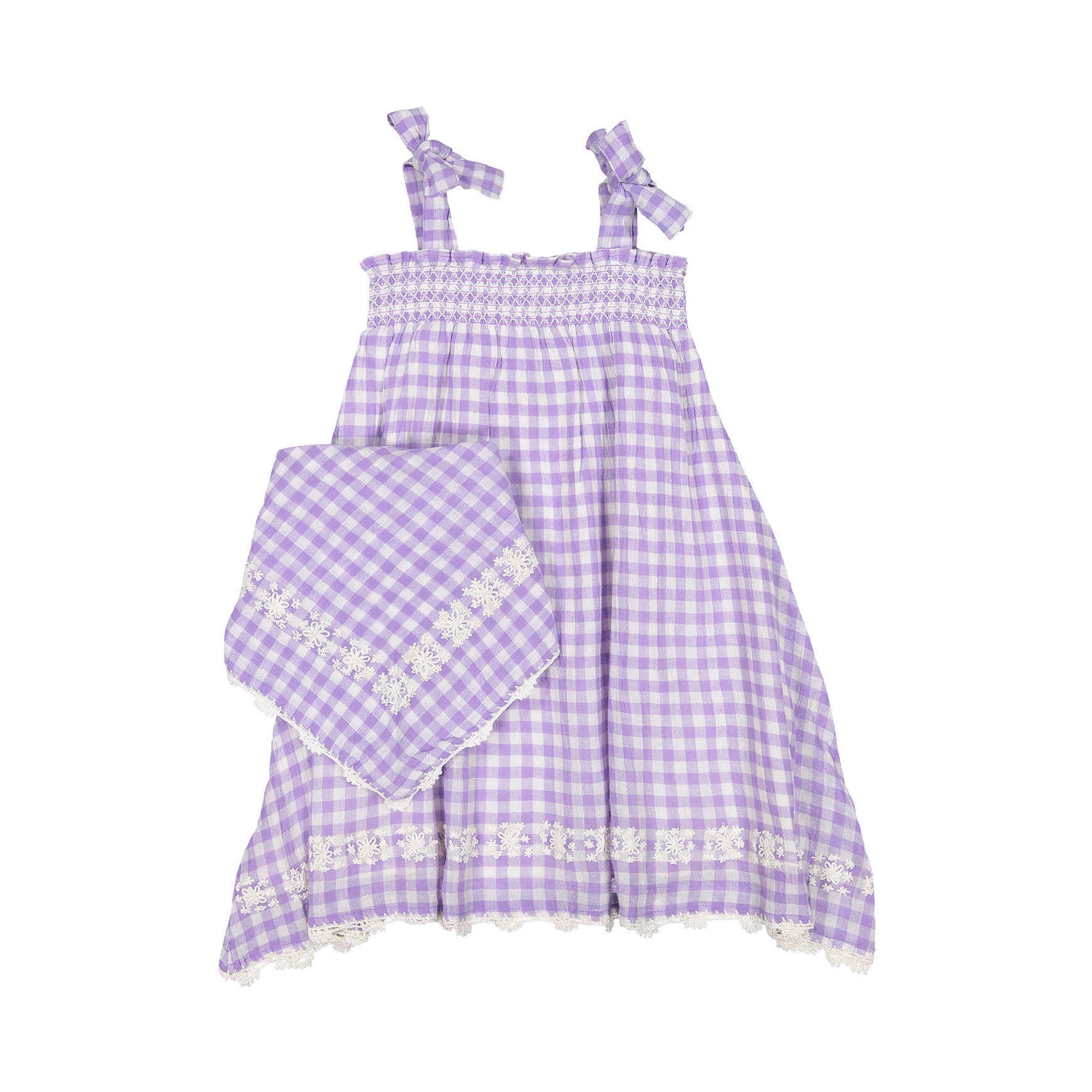 Bonjour Long Skirt Dress With Triangle Scarf - Violet Gingham