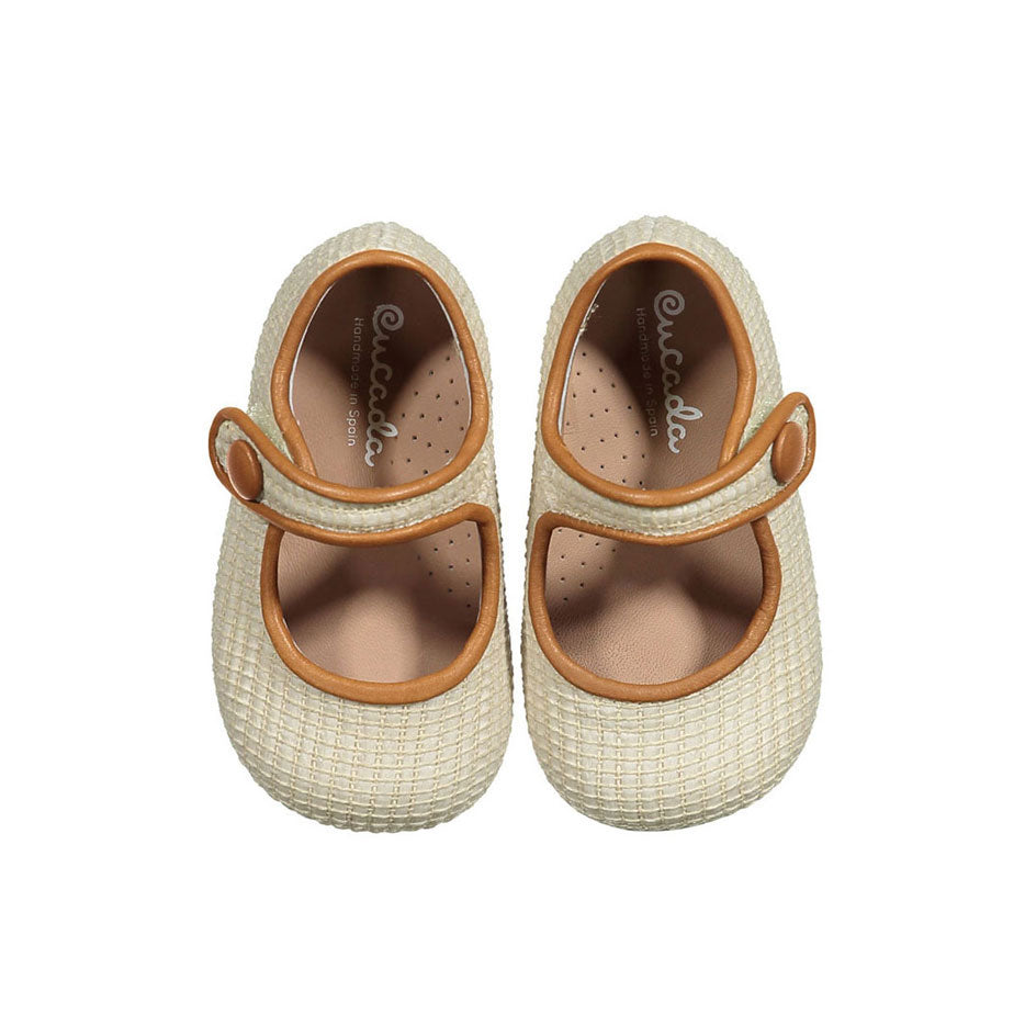 Papanatas Beige Raffia Baby Button Mary Janes