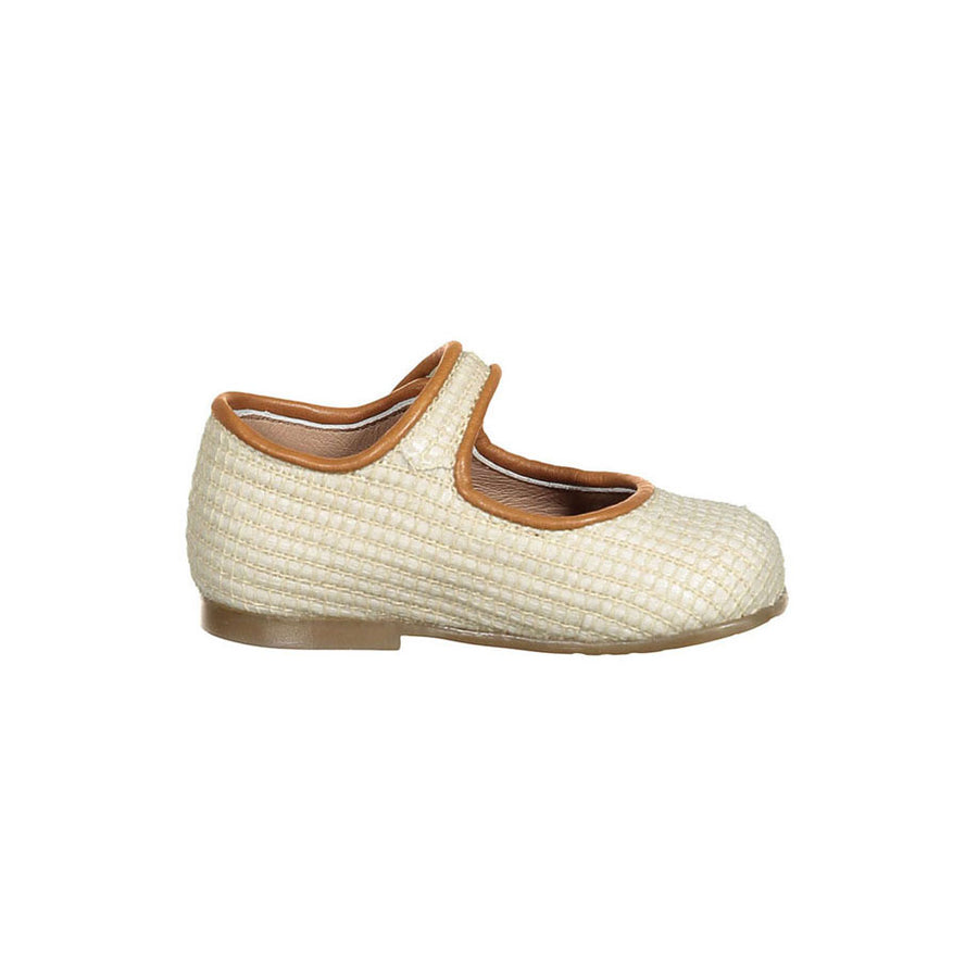 Papanatas Beige Raffia Baby Button Mary Janes