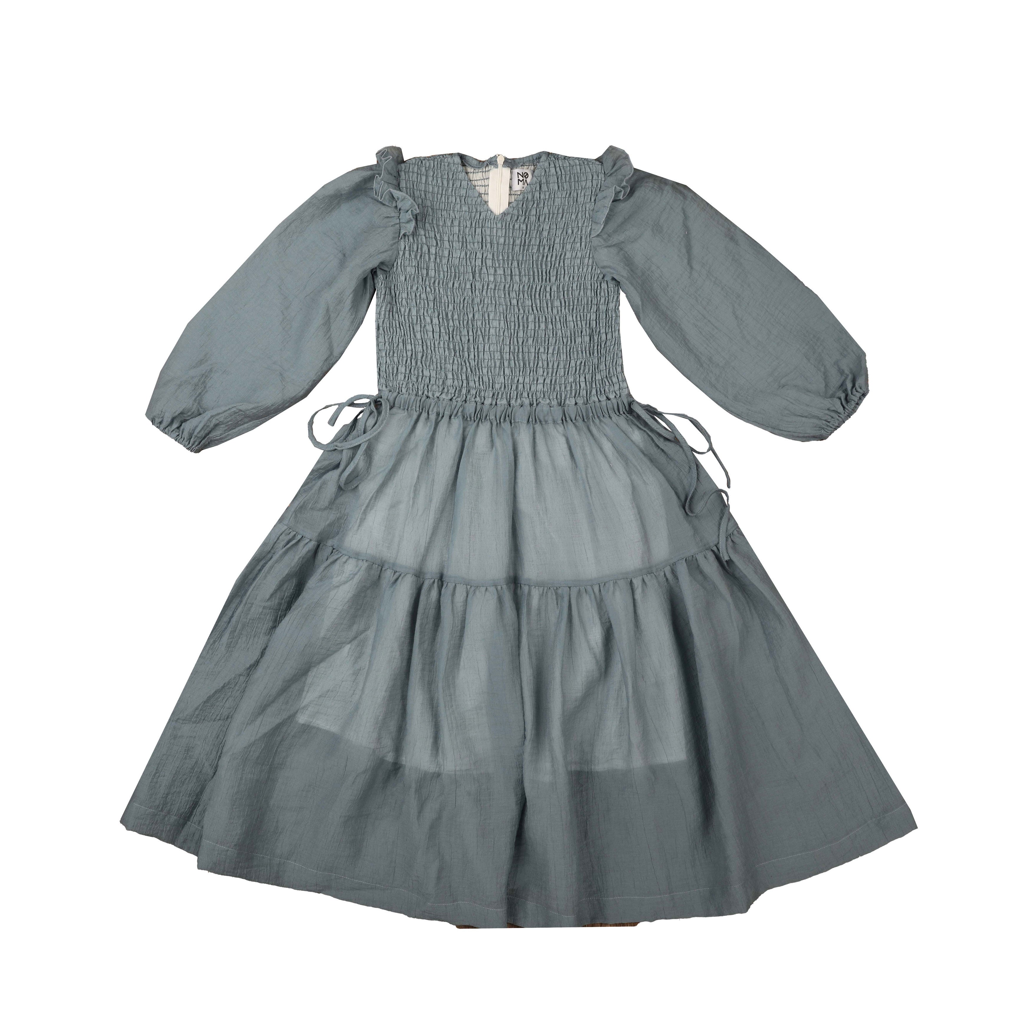 Noma Powder Blue Smocked Shoulder Frill Dress – Ladida