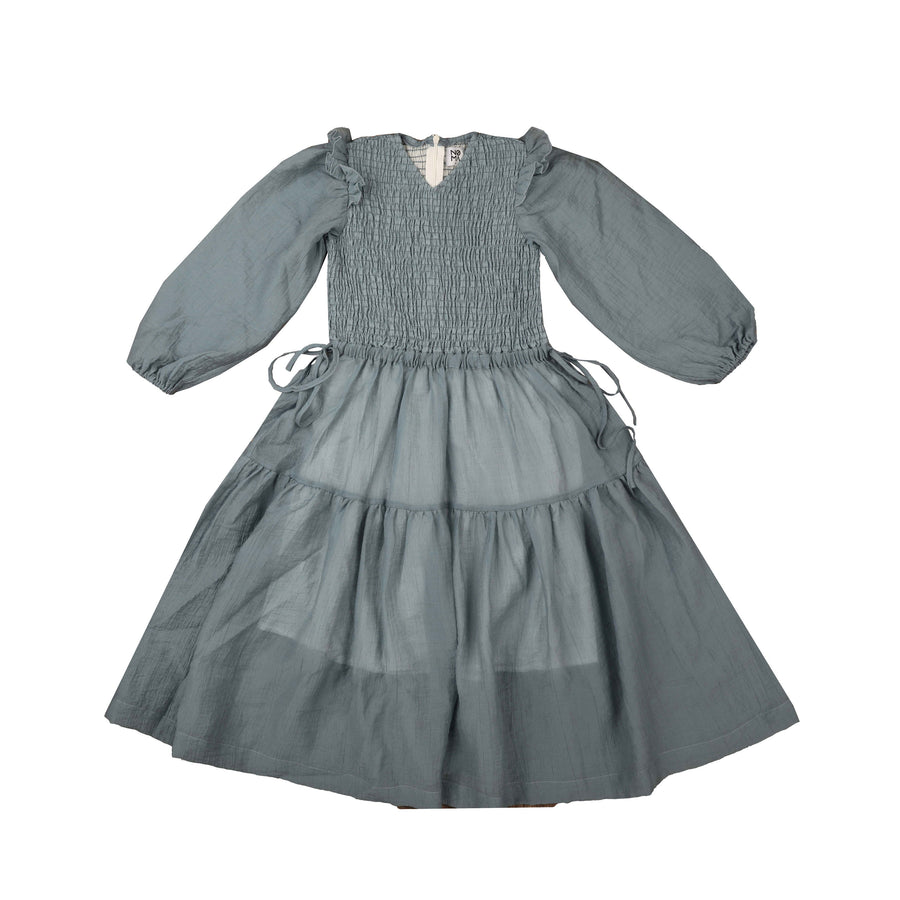 Noma Powder Blue Smocked Shoulder Frill Dress