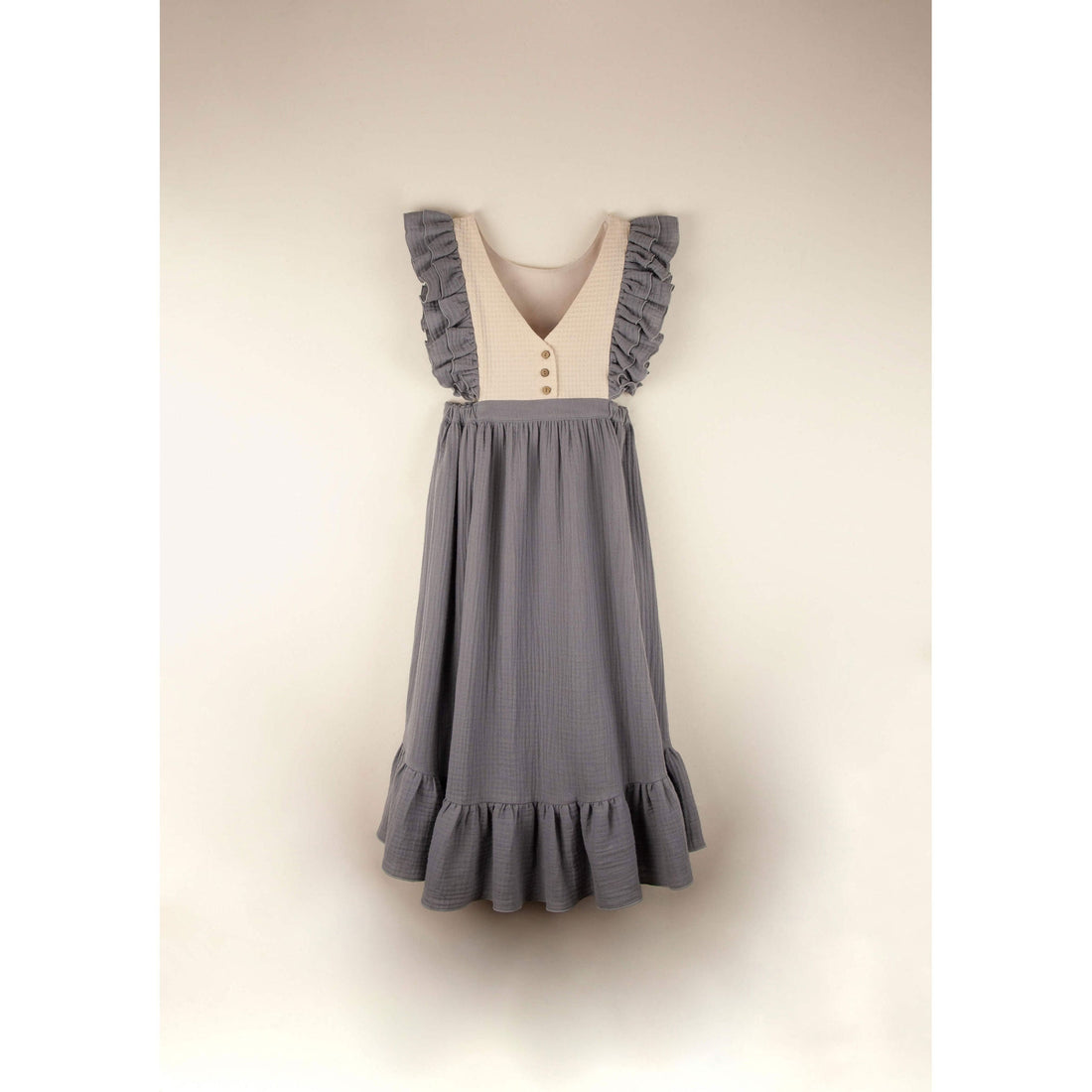 Popelin Greyish-Blue Embroidered Bib Dress
