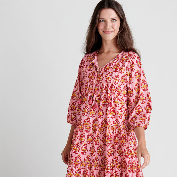 Pink Chicken Womens Indira Dress - Pink Posey Block Print